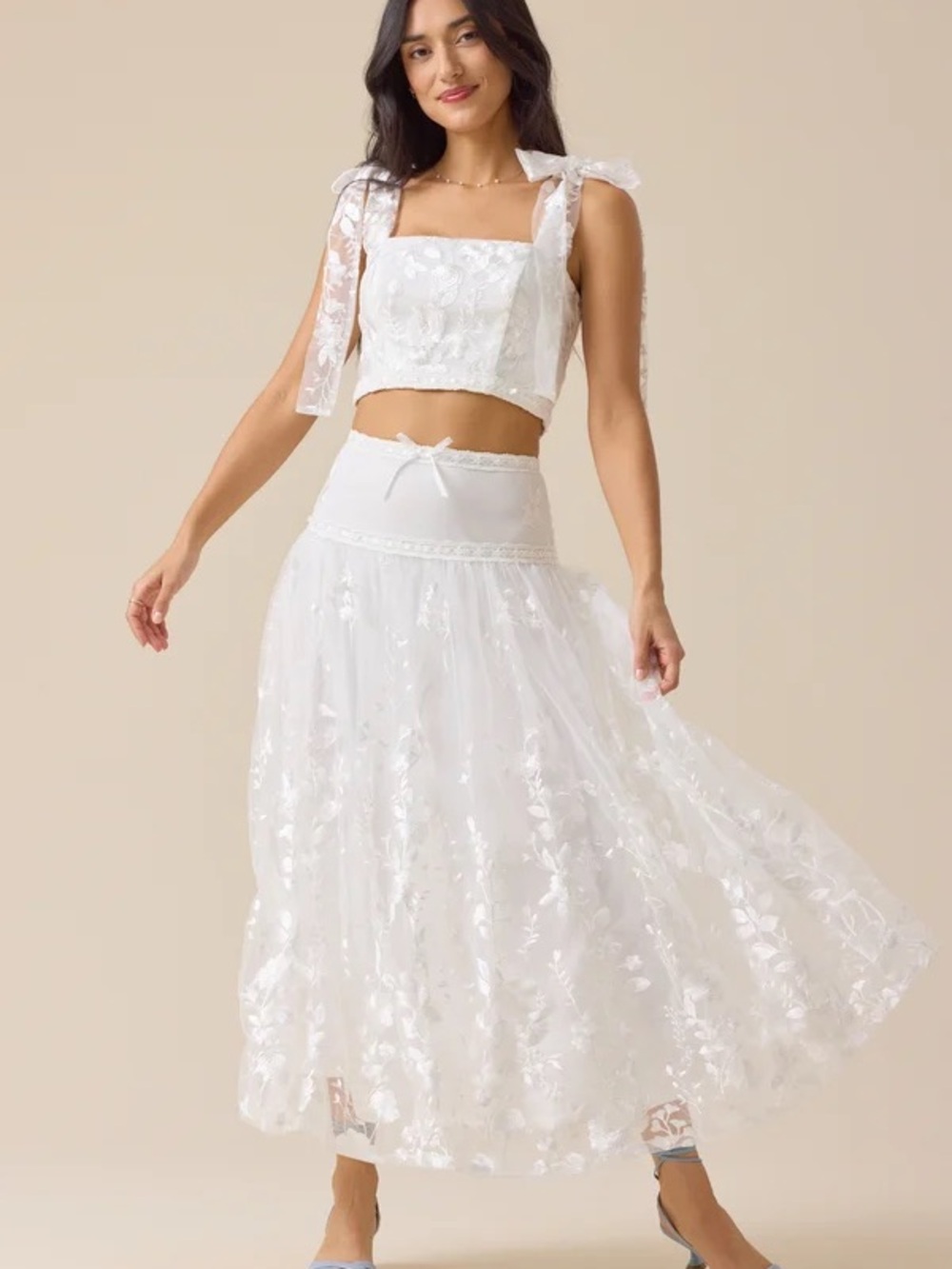 Altar'd State White Floral Lace Crop Top & Midi White Braxlin Skirt Set XXS